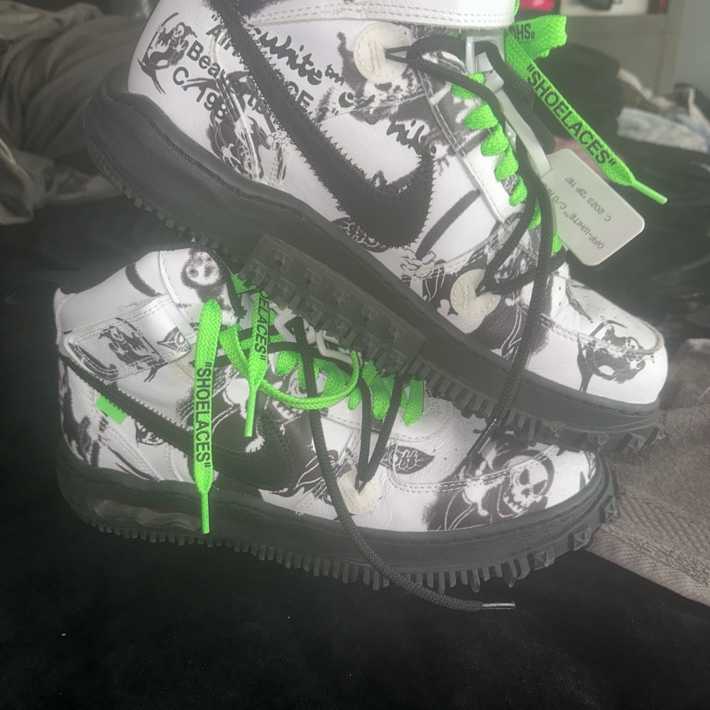 Off-White Black and White Graphic Sneakers with Green Accents